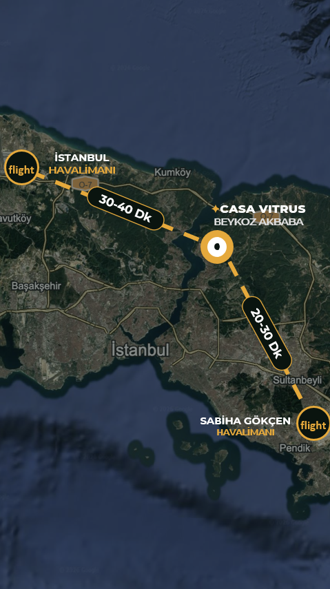 CasaVitrus havalimanlarına erişim haritası